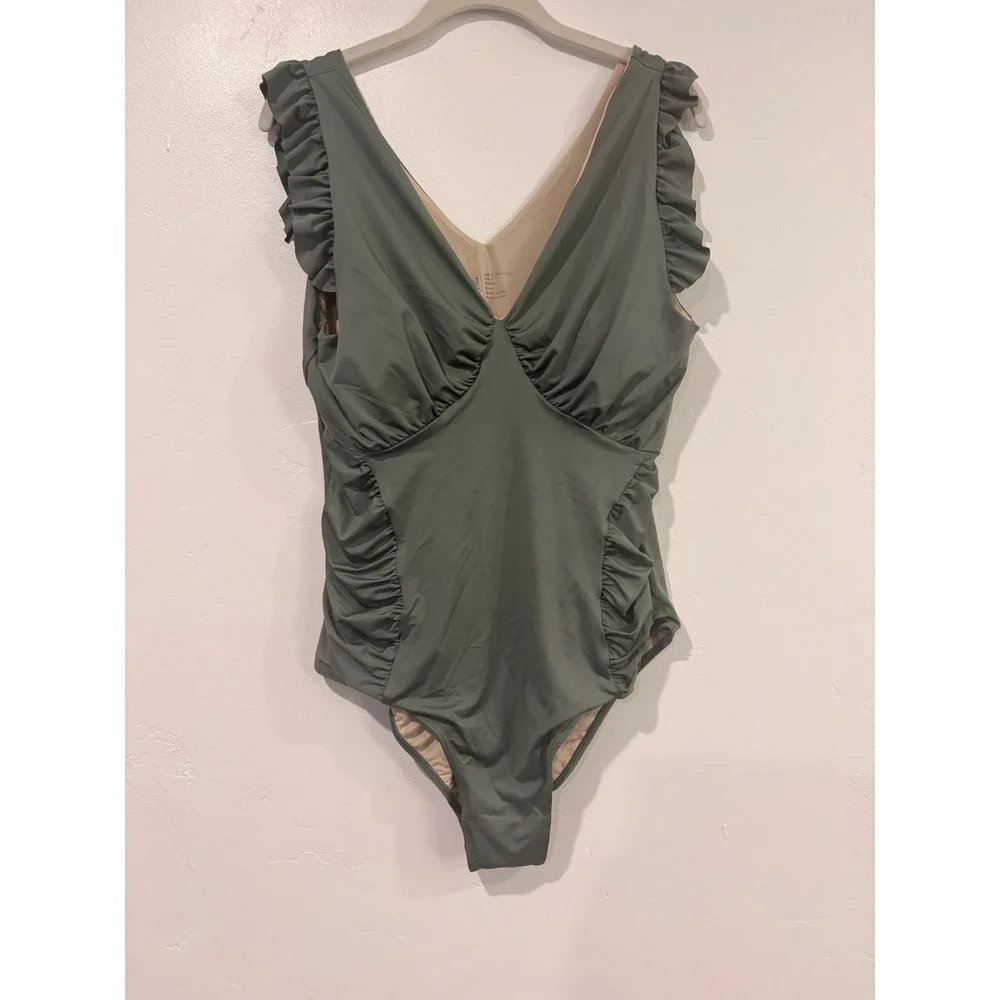 Albion Fit Maria One Piece Swimsuit Sage Green Ruffle V-Neck Ruched XXL